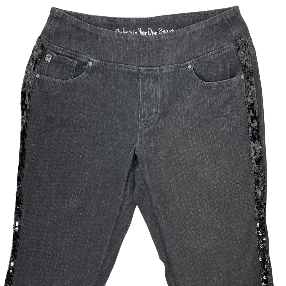 Belle Kim Gravel Jeans 16 Black Sequin Stripe Pull On Straight Leg Sequins Bling - Picture 5 of 11
